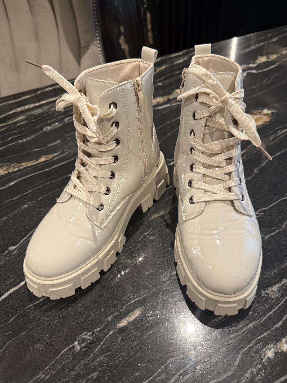 Women’s Cream Lace-Up Combat Boots